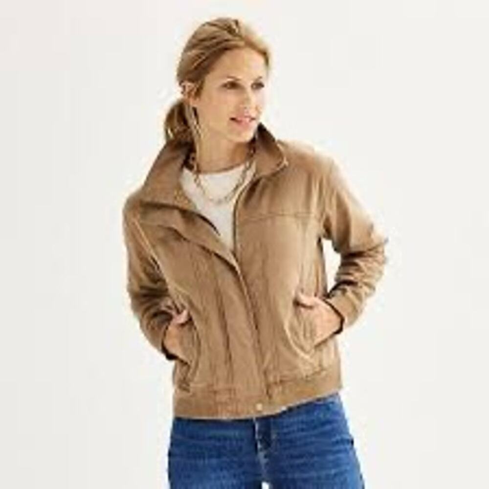 Sonoma Tan Shrunken Utility Bomber Jacket XS Cotton Stretch Zip Front cargo fall